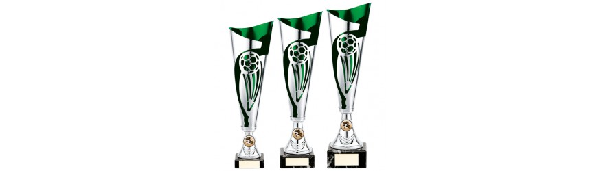 GREEN/SILVER LASER CUT FOOTBALL METAL CUPS  - AVAILABLE IN 3 SIZES (32.5CM - 36CM)